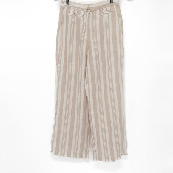 Tahari 100% Linen High Waisted Wide Leg Pants Beige Tan Striped Print Size 4 - Picture 1 of 7